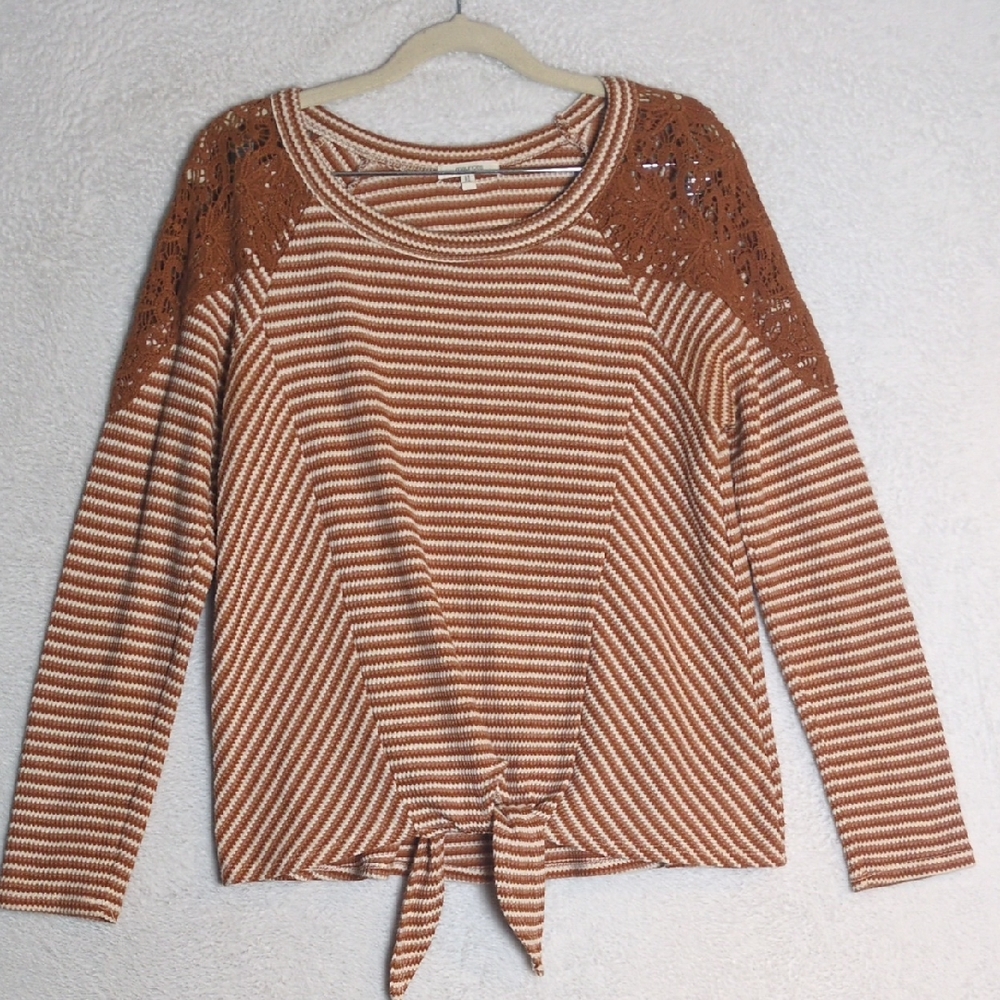 Maurices Women's Brown Striped Lace Tie Long Sleeve Shirt Size M